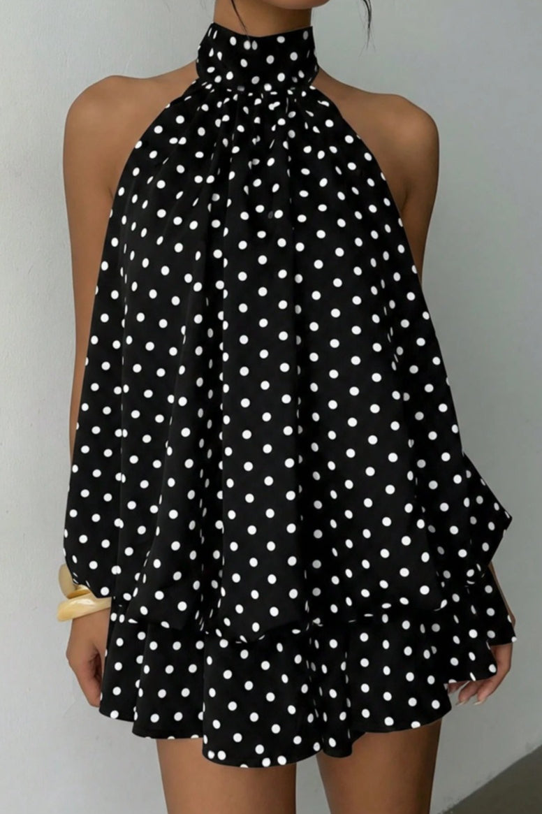 Polka Dot Halter Backless Lace-Up Flared Mini Dress