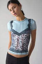 Leopard Lace Panel Fitted Cropped T-Shirt