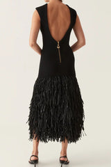 Solid Raffia Panel Knit Midi Chic Cocktail Dress