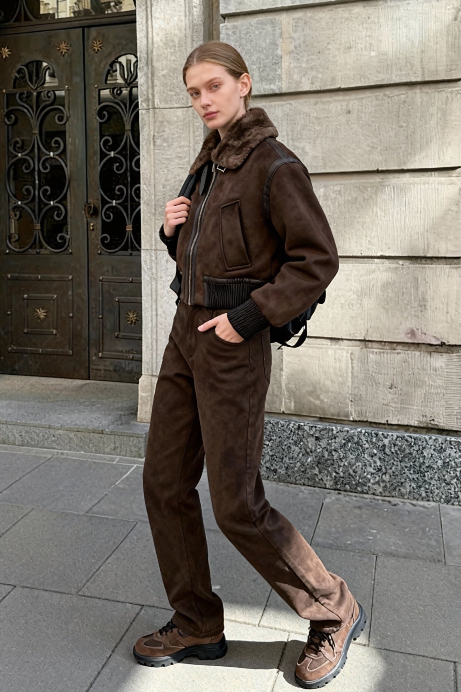 Faux Fur Collar Zip-Up Jacket Secondary image