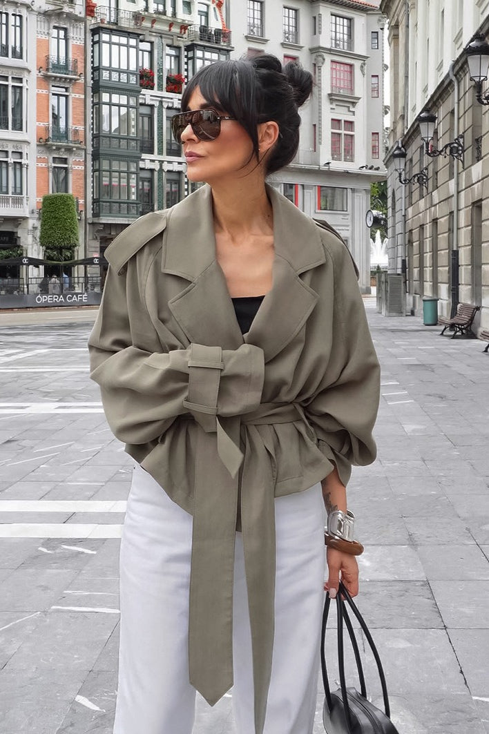 Olive Wide Lapel Belted Cropped Trench Coat Main image