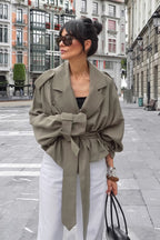 Olive Wide Lapel Belted Cropped Trench Coat