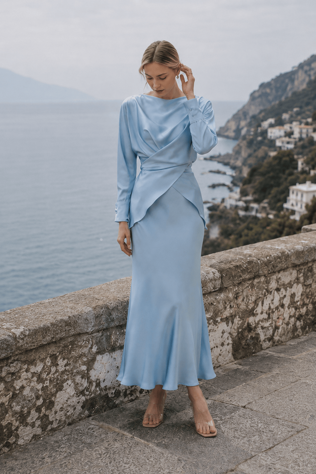 Solid Satin Cinched Waist Skirt Set Main image