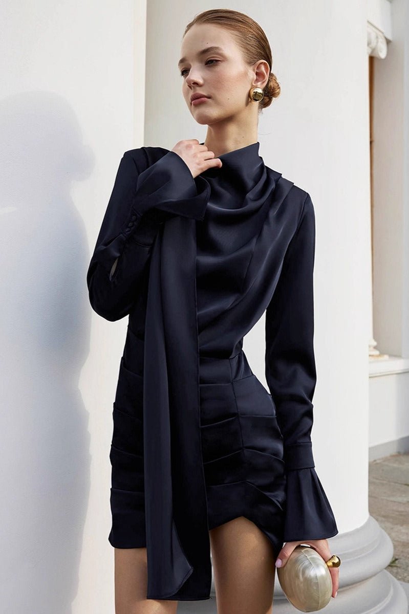 Matte Satin Flare Sleeve Stand Collar Elegant Formal Dress Main image