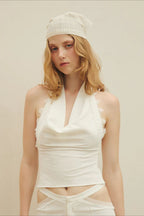 Lace Trim Halter Cowl Neck Fitted Crop Top