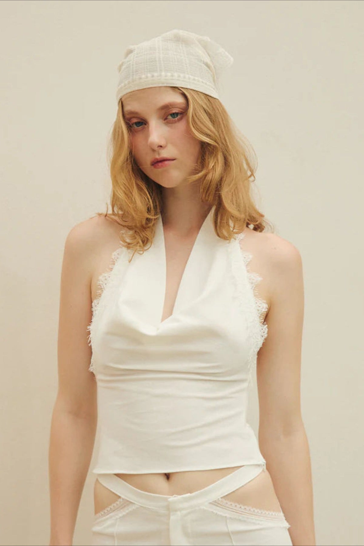 Lace Trim Halter Cowl Neck Fitted Crop Top