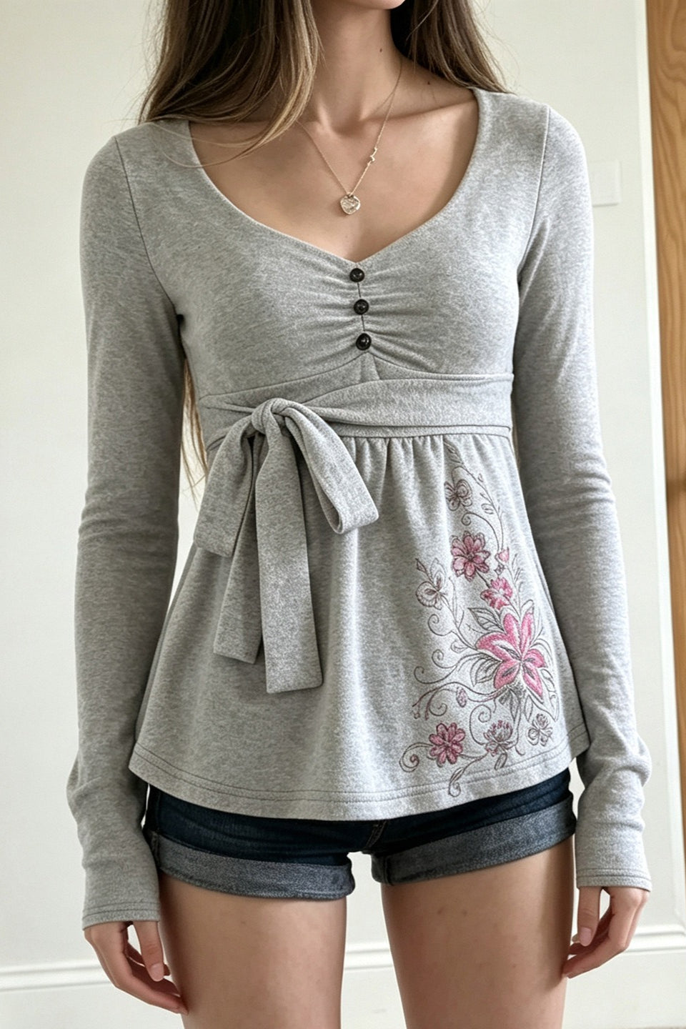 Floral Button Front Tie Waist Long Sleeve T-Shirt Secondary image