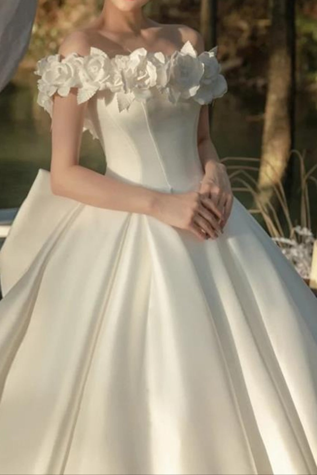Off Shoulder Satin Train Wedding Dress Secondary image