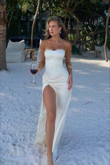 Satin Kink Detail Slit Maxi Dress