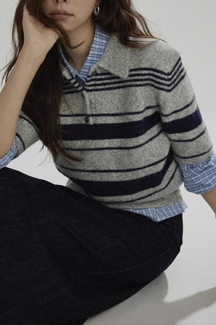 Stripe Polo Collar Knit Top Secondary image