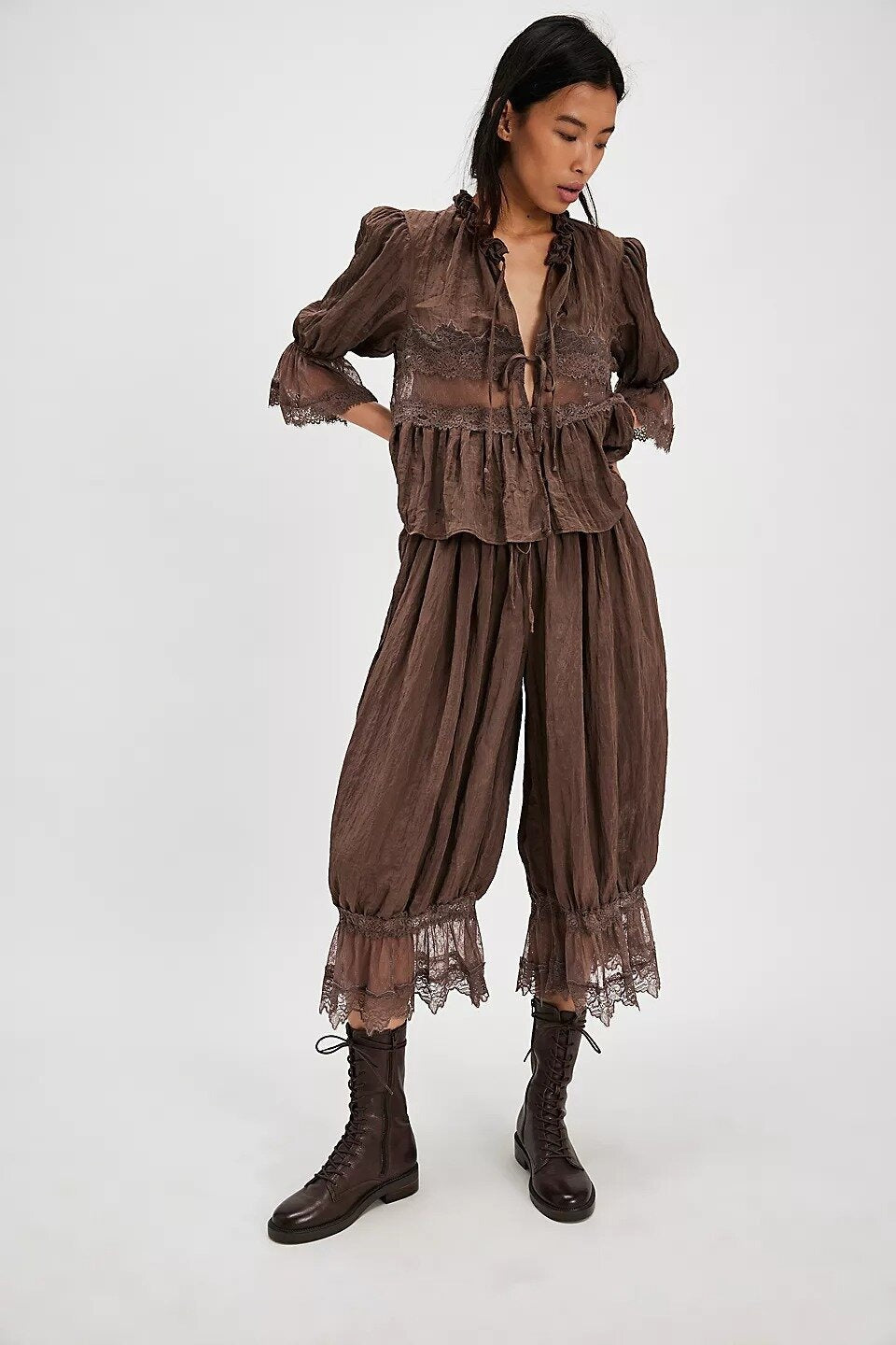 Lace Panel Ruffle Balloon Sleeve Tie Front Blouse