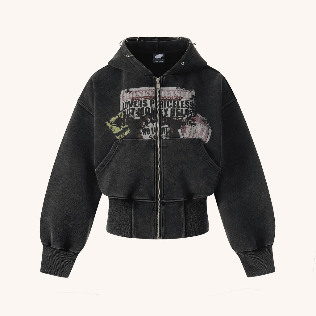 Heavy Washed Distressed Letter Print Zip Hoodie
