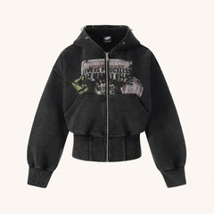 Heavy Washed Distressed Letter Print Zip Hoodie