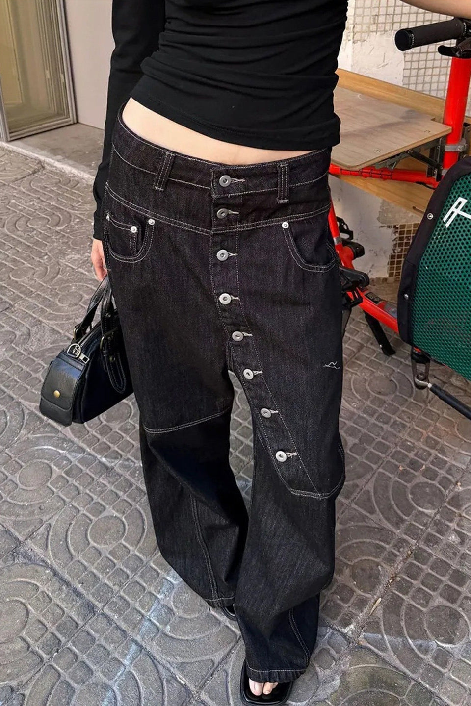 Side Button Low Rise Baggy Jeans