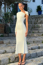 Asymmetric Neck One-Shoulder Fitted Midi Dress