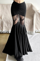 Black Lace Panel Tiered Maxi Skirt