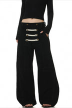 Black Double Button Deconstructed Wide Leg Pants