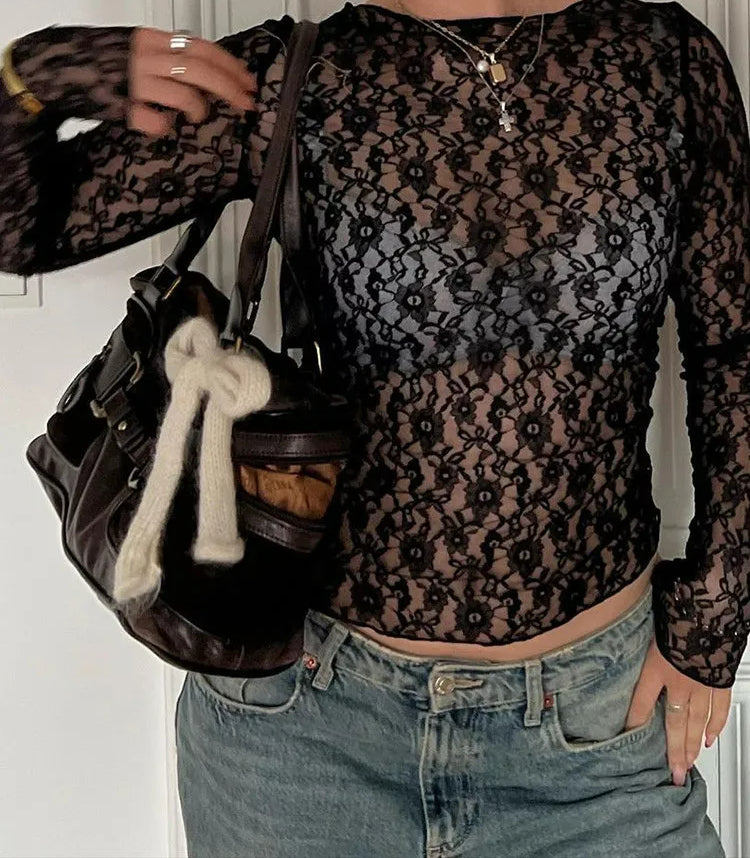 Floral Print Mesh O-Neck Long Sleeve Sheer Top Main image