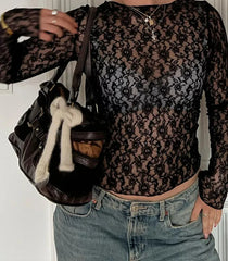 Floral Print Mesh O-Neck Long Sleeve Sheer Top