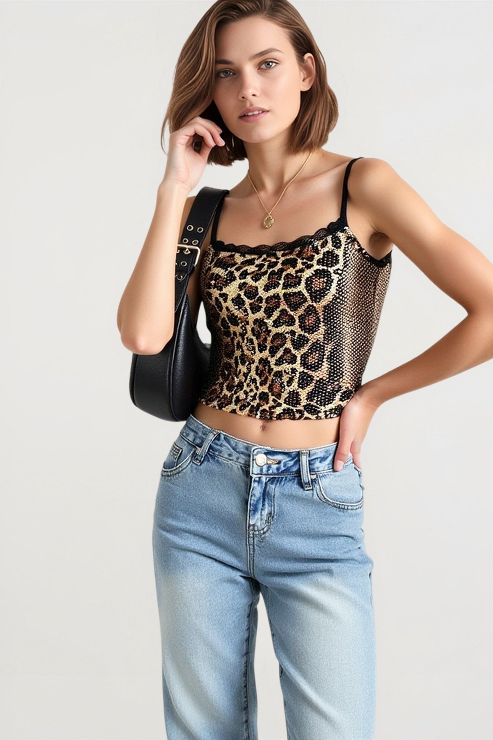 Leopard Sequin Strappy Cami Top Main image