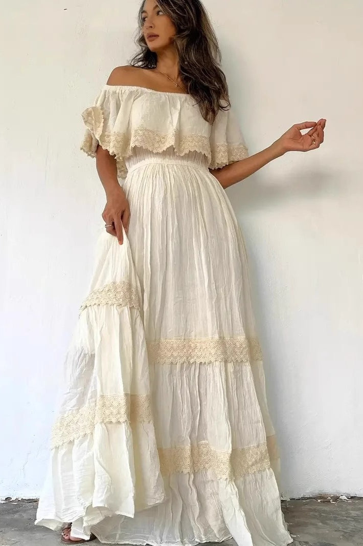 Vintage Off Shoulder Ruffled Waist Cinched Slim Boho Dress Main image