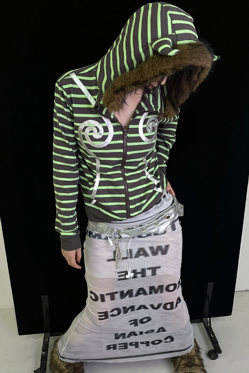 Green Striped Swirl Graphic Zip Hoodie
