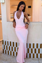 Lace Plunge Halter Ruched Maxi Dress