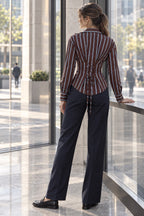 Vertical Stripe Fitted Long Sleeve Button Blouse