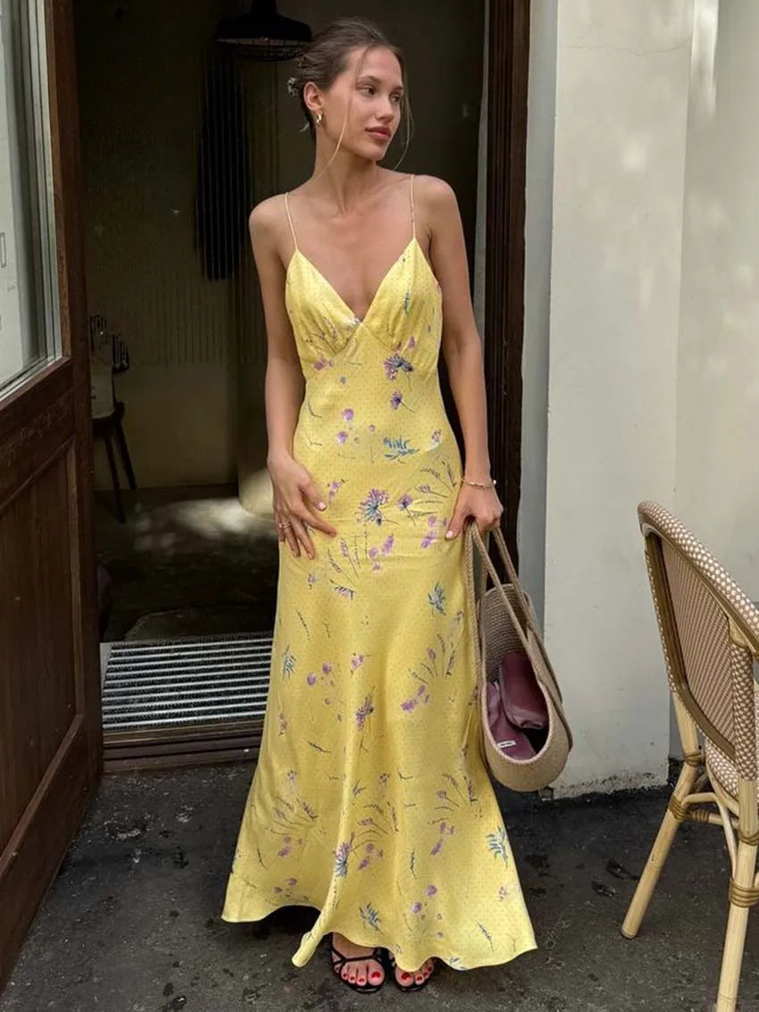 Yellow Print Open Back Spaghetti Summer Dress Main image