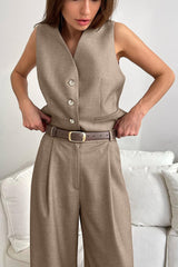 Minimalist Sleeveless V Neck Vest Blazer Pants Two Piece Set