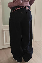 Embroidered Letter High Waist Wide Leg Jeans