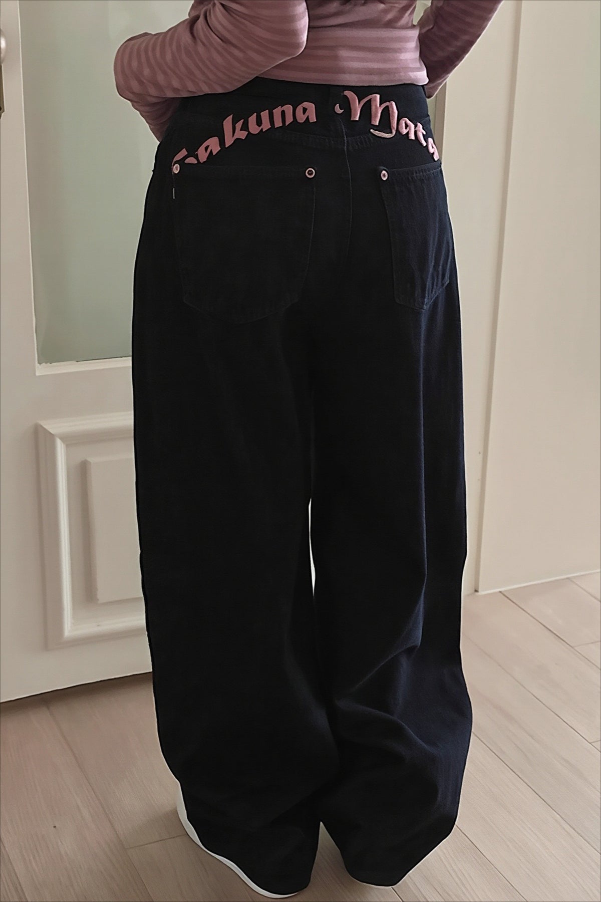 Embroidered Letter High Waist Wide Leg Jeans