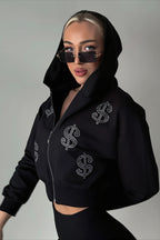 Rhinestone Dollar Graphic Cropped Zip Hoodie
