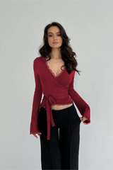 Y2K Sexy Lace Trim Tie Waist Slim Long Sleeve Crop Top