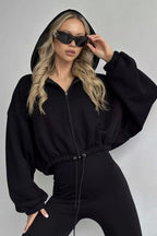 Cropped Waist Cinched Long Sleeve Zip-Up Hoodie