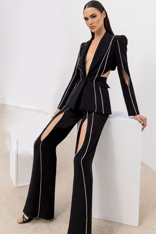 British Ladylike Chic Cutout Rhinestone Tailored Two Piece Set Main image
