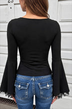 Lace Trim Button Front Bell Sleeve T-shirts