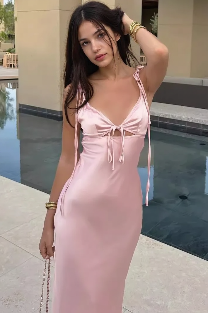 Sexy Deep V Tie Spaghetti Strap Satin Sleeveless Party Dress Main image