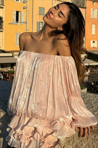 Off-Shoulder Ruffle A-Line Shimmer Mini Dress