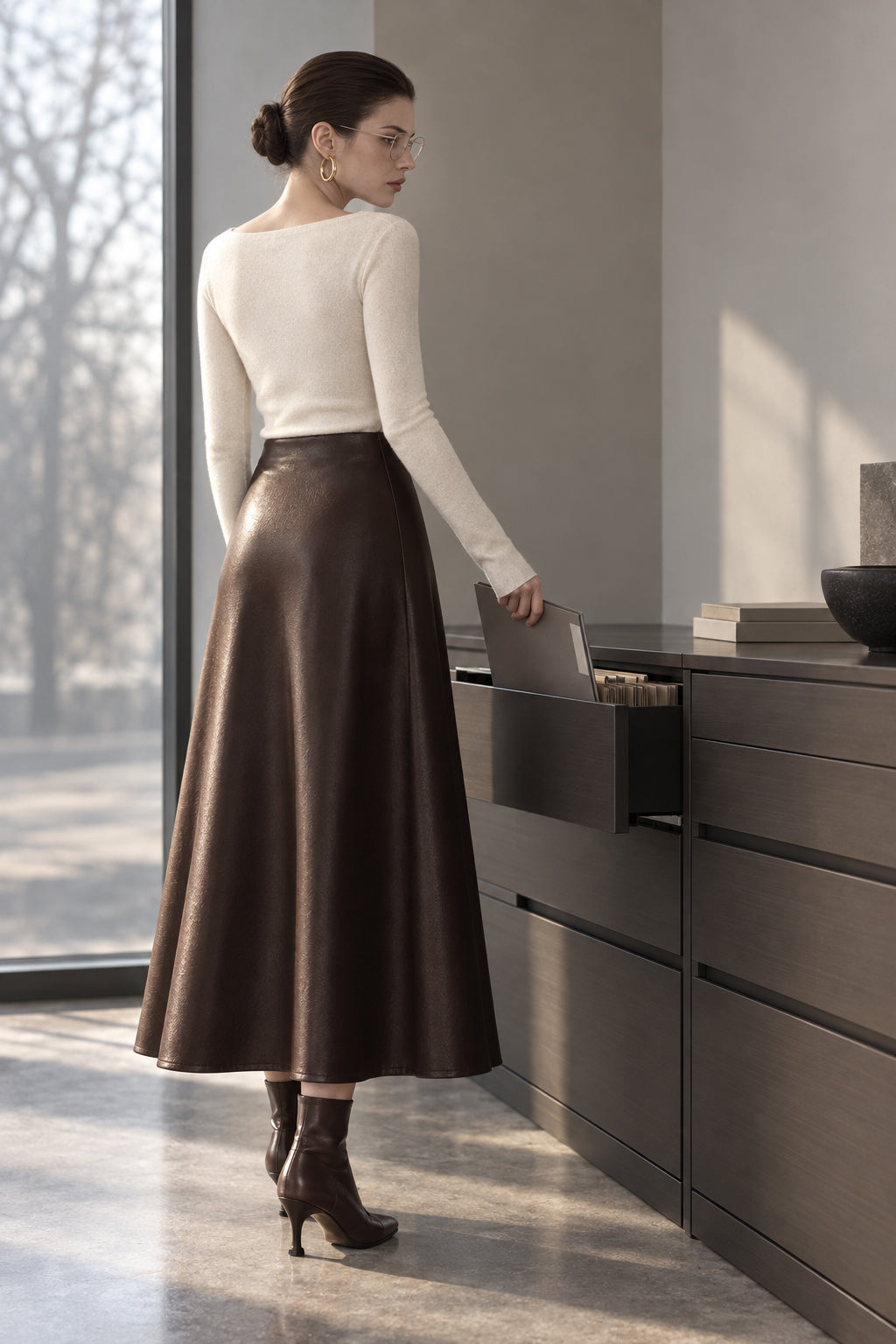 Pleated Faux Graceful Leather Midi Skirt
