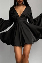 Satin Deep V Backless Flare-Sleeve Silk Dress