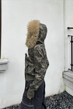 Detachable Fur Camo Cropped Zip Hoodie