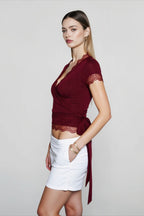 Lace Trim V Neck Tie T-shirts