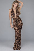Sequin Tiger Print Halter Party Dress
