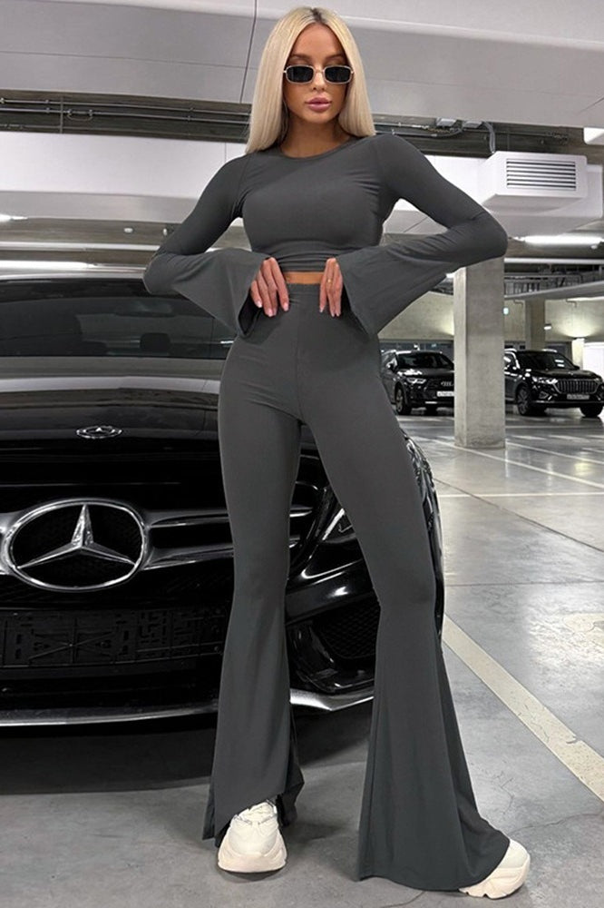 Slim Fit Long Sleeve Flare Pants Activewear Set