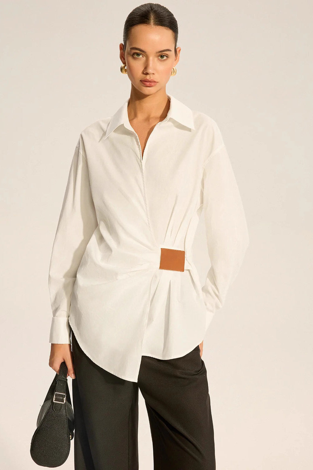 Faux Leather Panel Ruched Collared Slim Versatile Blouse Main image