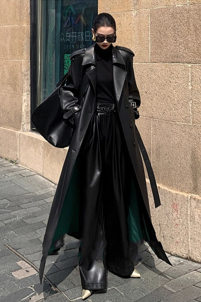 Layered PU Leather Waist-Cinching Long Overcoat Main image