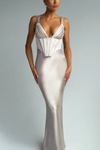 V-Neck Bone Detail Silk Dress