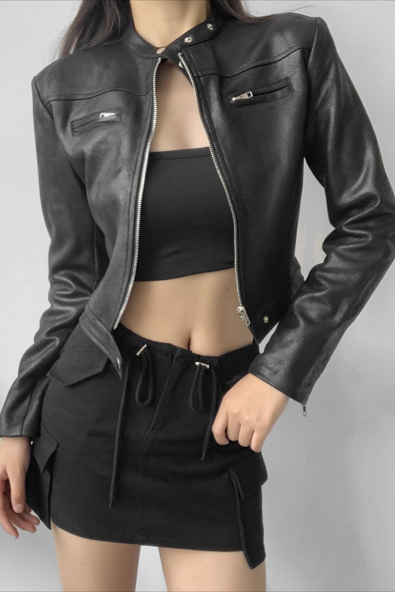 Refined Stand Collar Cropped Moto Jacket Main image