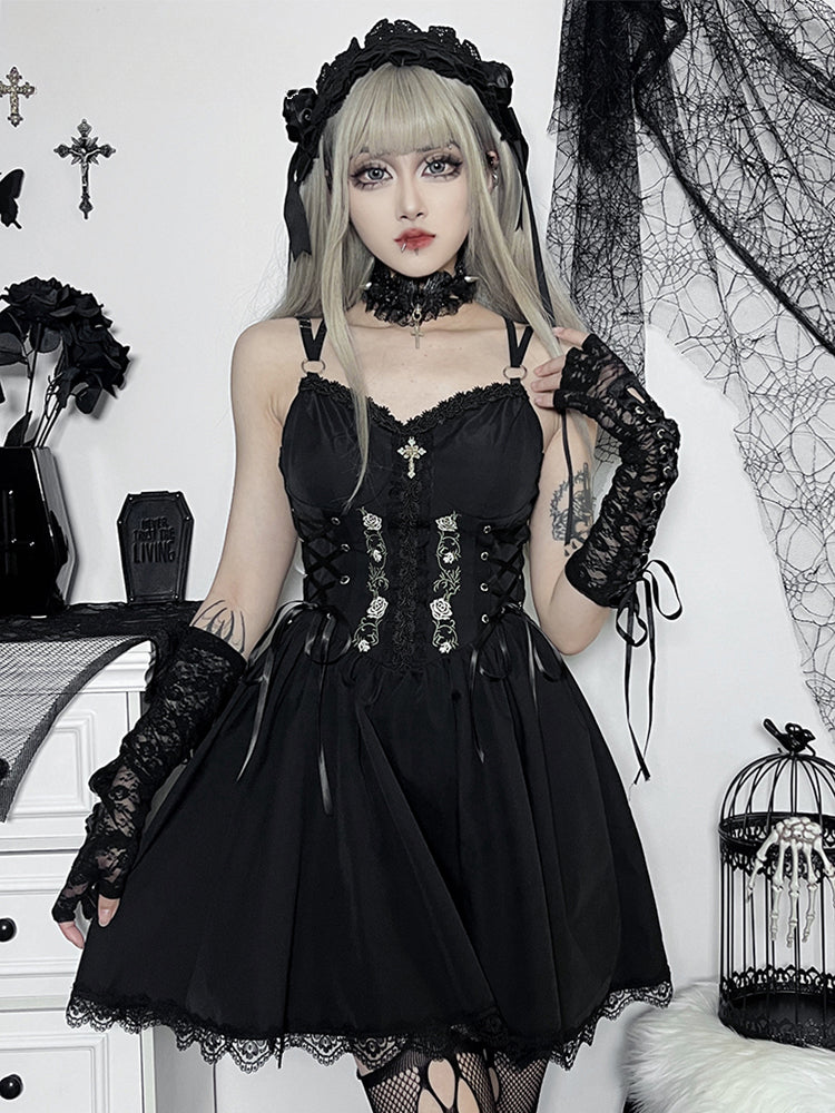 Gothic  Black V Neck Lace Up Y2K Grunge Punk High Waist Lace Trim Party Dress Main image